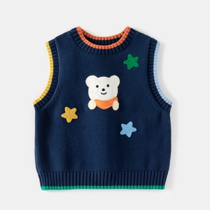 Navy blue knitted vest for boys with cartoon bear embroidery and colorful ribbed edges