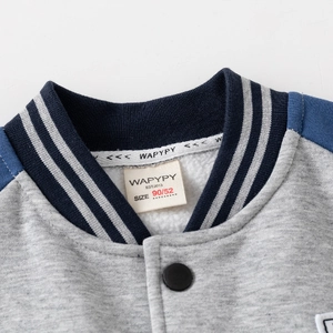 Kids baseball jacket with grey fleece fabric, navy striped V-neck and matte buttons