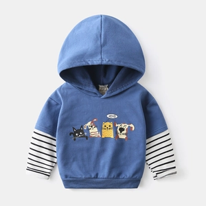 Blue kids hooded sweatshirt with cartoon animals and striped layered sleeves