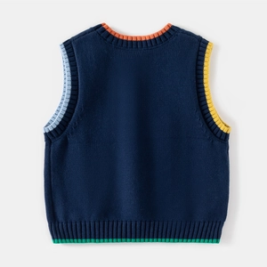 Kids navy knit vest with colorful ribbed trim and cute cartoon bear embroidery