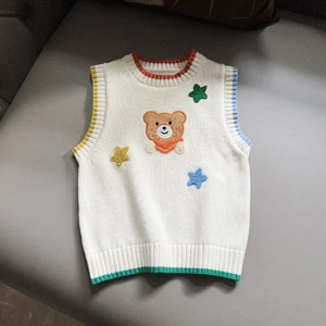 Kids knitted vest with cartoon bear embroidery and colorful contrast ribbed edges
