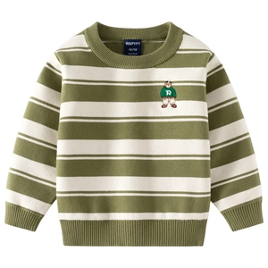 Children striped knit sweater featuring a green bear embroidery on white background