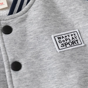 Gray kids baseball jacket with warm fleece lining and striped rib collar details