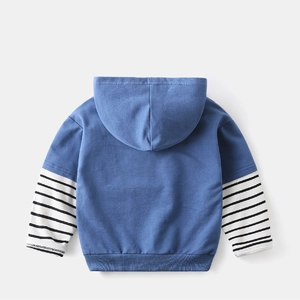 Rear view of kid's blue hoodie with black and white striped sleeves and ribbed cuffs