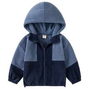 Blue color-block hooded fleece jacket for boys with zipper and warm plush fabric