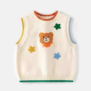 Children's knitted vest featuring a cute teddy bear embroidery and colorful ribbed edges