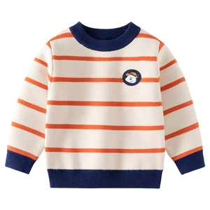 Kids striped knitted sweater in cream and orange with navy trims and cartoon patch