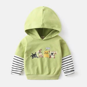 Kids green hooded sweatshirt with cartoon animal prints and striped double-layered sleeves