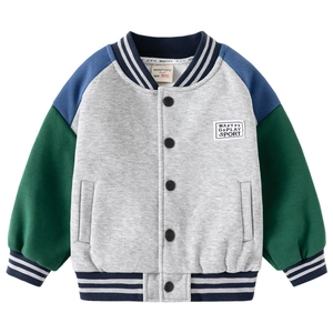 Kids color-block varsity jacket in grey and teal with button-up closure and sporty patches