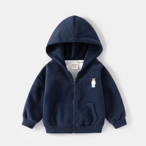 Sweat à capuche zippé bleu foncé pour enfant avec broderie ours et poches