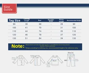 Detailed size chart for kids hooded sweatshirts with 90-130cm measurements and guide