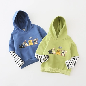 Kids hooded sweatshirts with cartoon prints and striped layered sleeves in blue and green