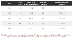 Detailed size chart for kids fleece pants with length and height specifications