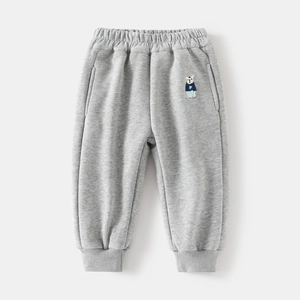 Kids warm fleece lined grey jogger pants with cute teddy bear embroidery for winter