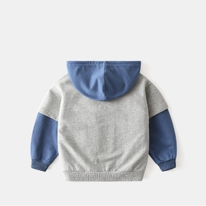Back view of kids grey hoodie with blue contrast sleeves and ribbed hem and cuffs