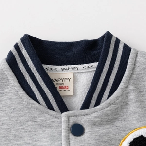 Fleece-lined grey boys baseball jacket with navy ribbed collar and warm cotton fabric