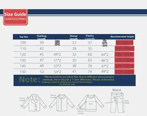 Detailed size chart for children fleece pajamas set with clothing and height measurements