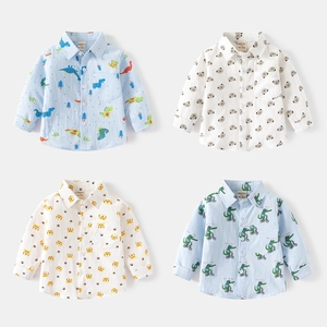Camicia in Cotone a Maniche Lunghe da Ragazzo Stile Coreano Cartone Animato Dinosauro Tigre Orso Stampa Comoda Bambini Top