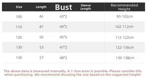 Size chart for boys' winter vest showing length and bust measurements for ages 100 to 140
