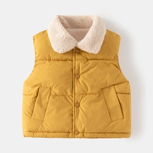 Thickened yellow winter vest for kids with warm sherpa collar and snap buttons