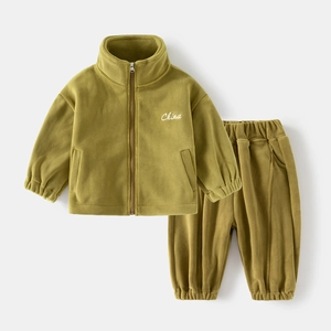 Kids olive green polar fleece tracksuit set with China embroidery and zip jacket