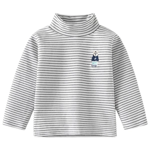 Kids thermal turtleneck shirt with grey stripes and cute bear embroidery on white background