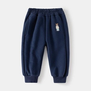Kids navy blue fleece-lined sports pants with bear embroidery and elastic waist