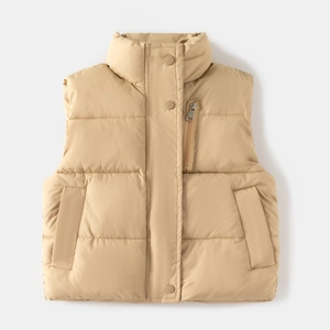 Thickened boys winter vest in khaki with stand collar and quilted warm padding