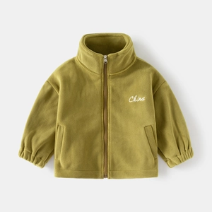 Close-up of grass green polar fleece jacket featuring stand collar and China embroidery