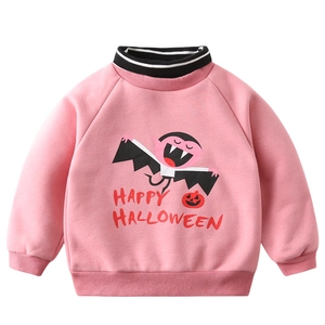 Pink kids Halloween sweatshirt with cartoon vampire and striped collar on white background