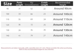 Size chart for boys denim shorts showing length and hip measurements for 90-140cm height