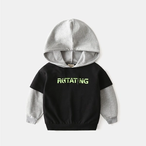 Kids color-block hooded sweatshirt in black and grey with green ROTATING letter print