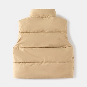 Detail view of khaki padded vest showing horizontal quilting and high-quality fabric