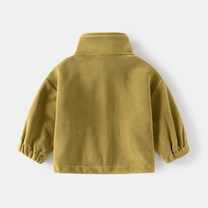Back view of thick olive green polar fleece kid's sweatshirt with elastic cuffs