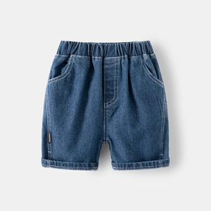 Dark blue boys denim shorts featuring elastic waistband and curved fashion pockets