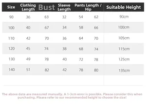 Size chart for cartoon kids outfit showing measurements for hoodie and sweatpants