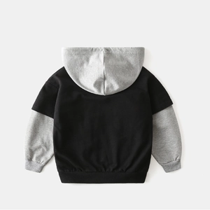 Rear view of children's hooded sweatshirt with black body and grey contrast sleeves