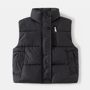 Boys black quilted padded vest with stand collar and zipper pocket for winter wear