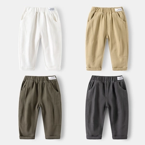 Boys Casual Cotton Blend Washed Long Pants For Kids 3-8 Years Old Elastic Waist Solid Color Fashion Trousers With Letter Label