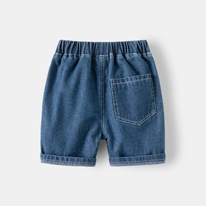 Detail of boys' denim shorts featuring an elastic waistband and a back patch pocket