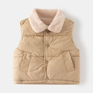 Warm khaki kids vest featuring a white sherpa fleece collar and snap buttons