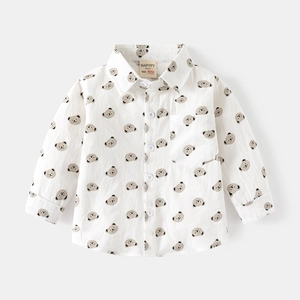 Camicia da bambino a maniche lunghe in cotone bianco con stampe di orsi bruni e taschino