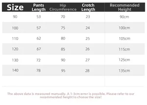 Size guide for children's trousers showing length and hip measurements for sizes 90 to 140