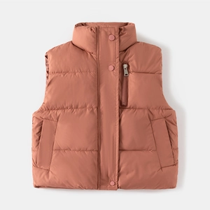 Children's thick winter vest in brick red with stand collar and quilted warm padding