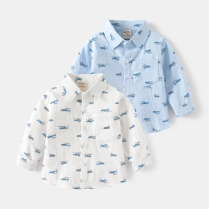 Boys Fashion Cartoon Construction Vehicle Print Long Sleeve Shirt Toddler Baby Cotton Square Collar Button Down Tops