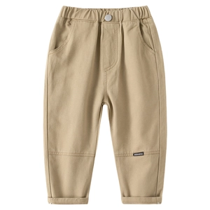 Boys khaki casual pants with elastic waist, knee stitching, and fashion woven label