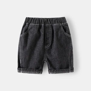 Boys black denim shorts with elastic waistband and curved pocket stitching details