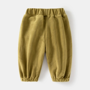 Detail view of olive green fleece toddler pants with elastic waistband and ribbed cuffs