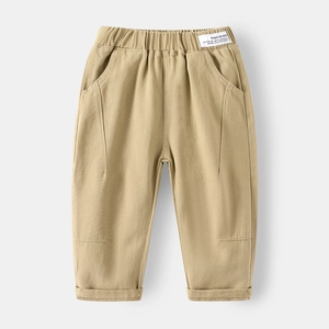 Khaki boys casual trousers with elastic waist and stylish letter label decoration