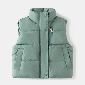 Flat lay of bean green kids puffer vest featuring stand collar and zipper chest pocket